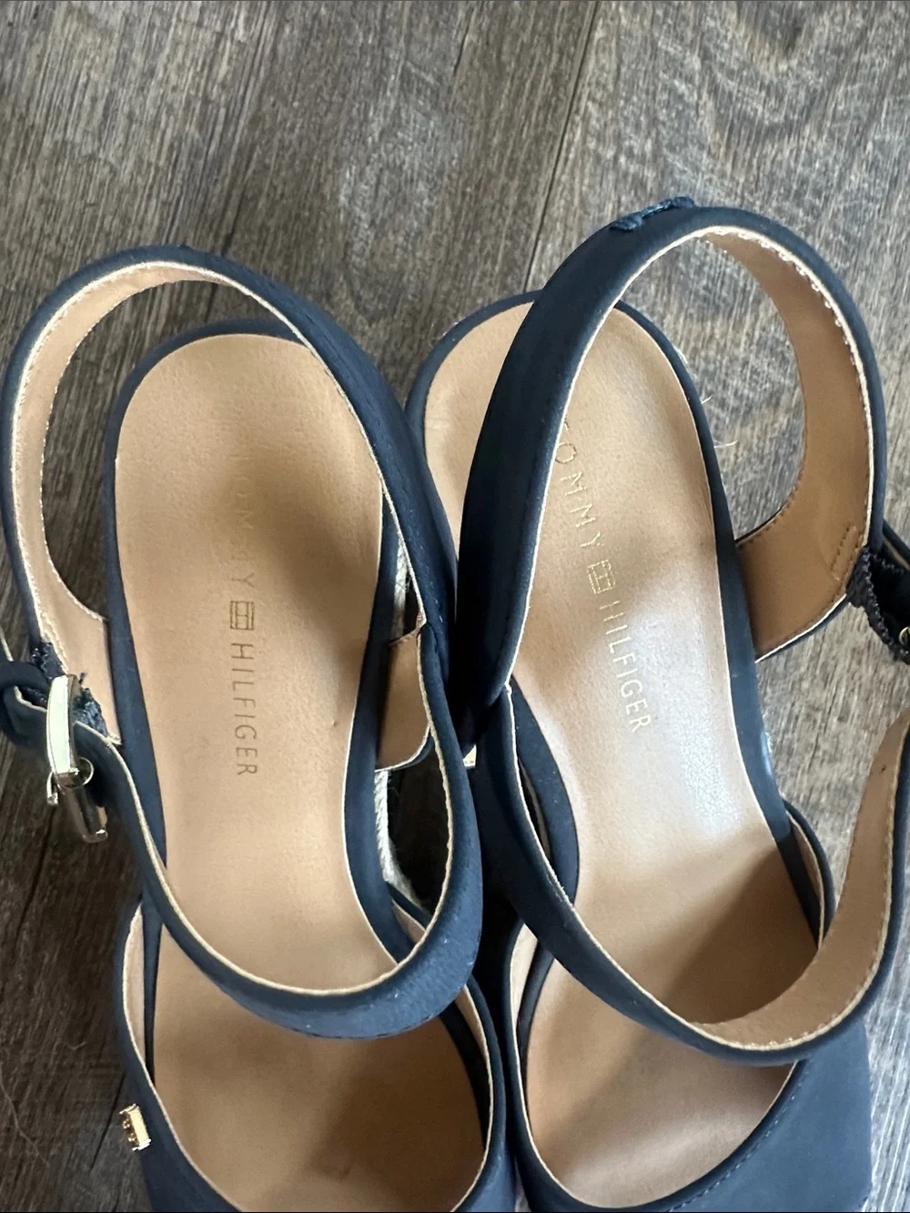Tommy Hilfiger Navy Espadrille Wedge Sandals with Gold Logo